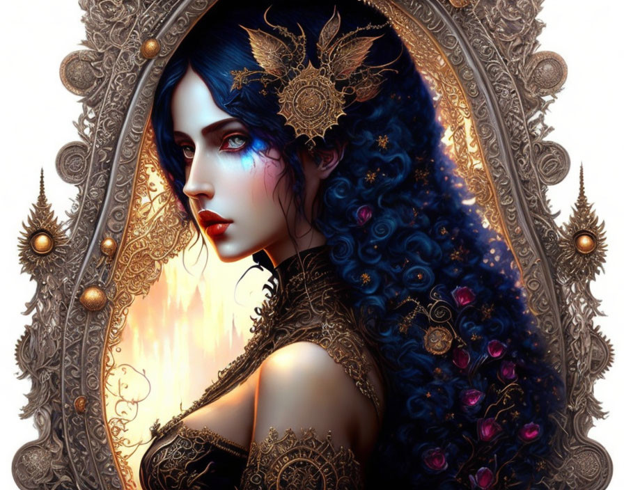 Fantasy Female Character with Blue Hair and Ornate Headpiece