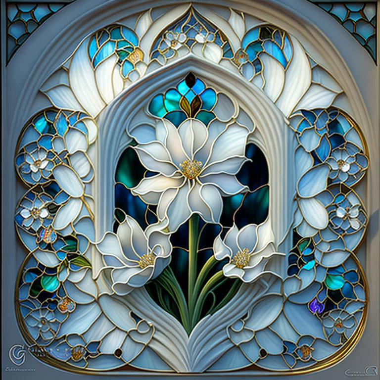 Intricate Stained Glass Window with White Flower and Blue Patterns