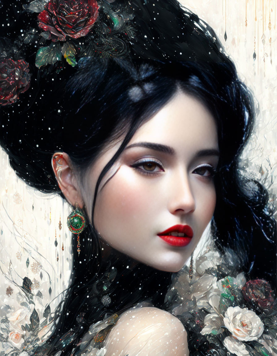 Portrait of woman with porcelain skin, dark hair, red lips, and striking eyes on speckled