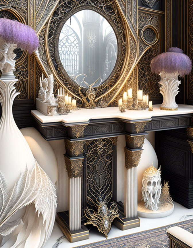 Ornate vanity with large mirror, sculpted columns, purple topiaries, candles, and