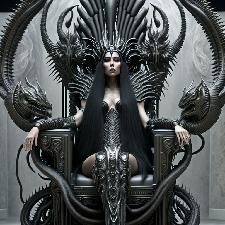 Regal woman with black hair on throne with dragon sculptures