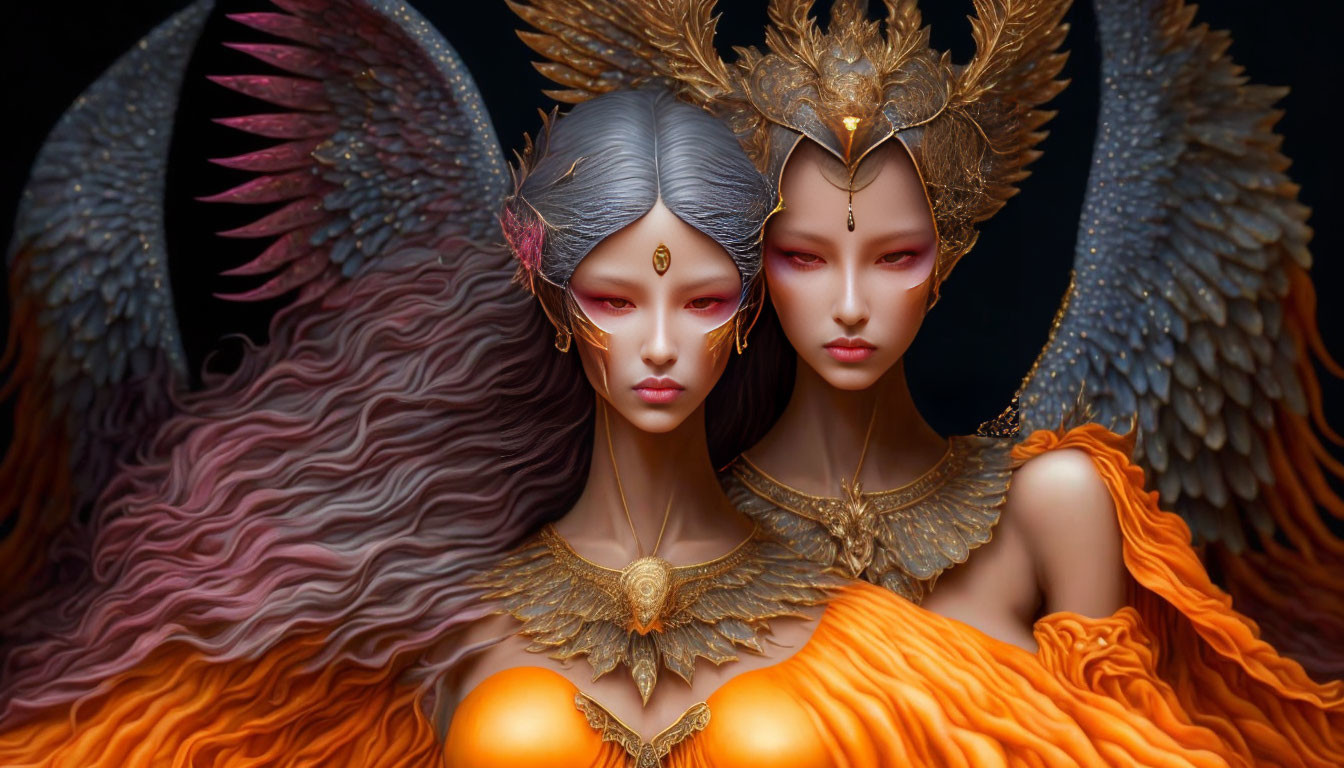 Mystical female figures with gold headdresses in orange attire on dark background