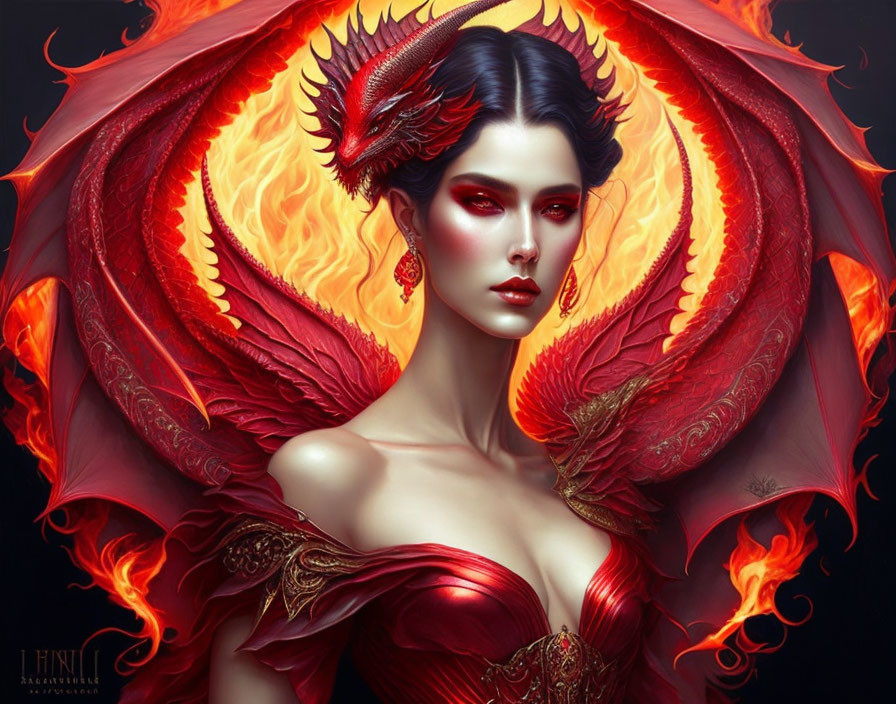 Digital artwork: Woman with fiery wings and dragon aura in red dress