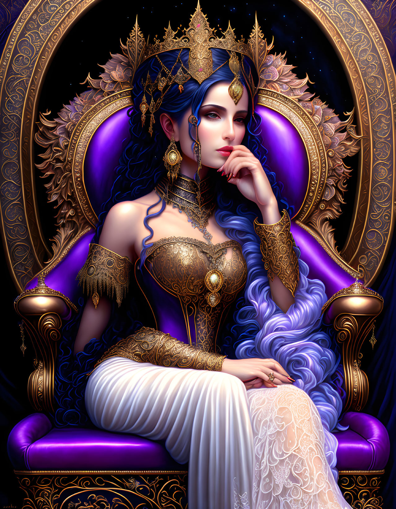 Regal figure with blue hair on throne in gold and white outfit