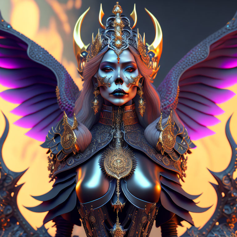 Fantastical female digital illustration with golden armor, purple wings, and intricate makeup