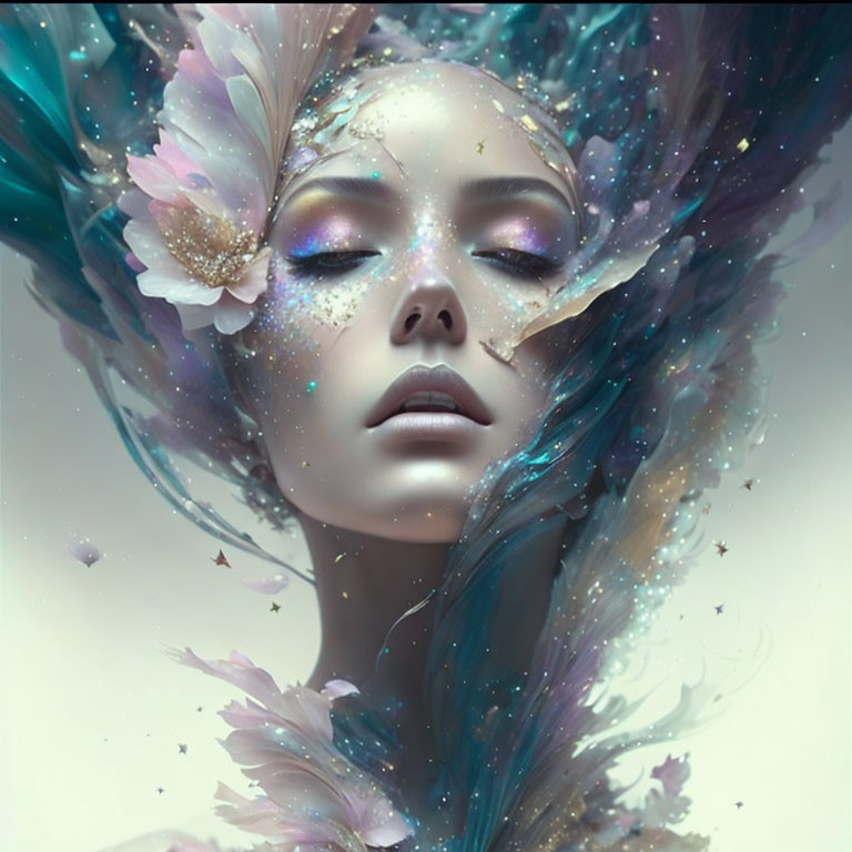 Portrait of woman with ethereal features surrounded by blue swirls and sparkles