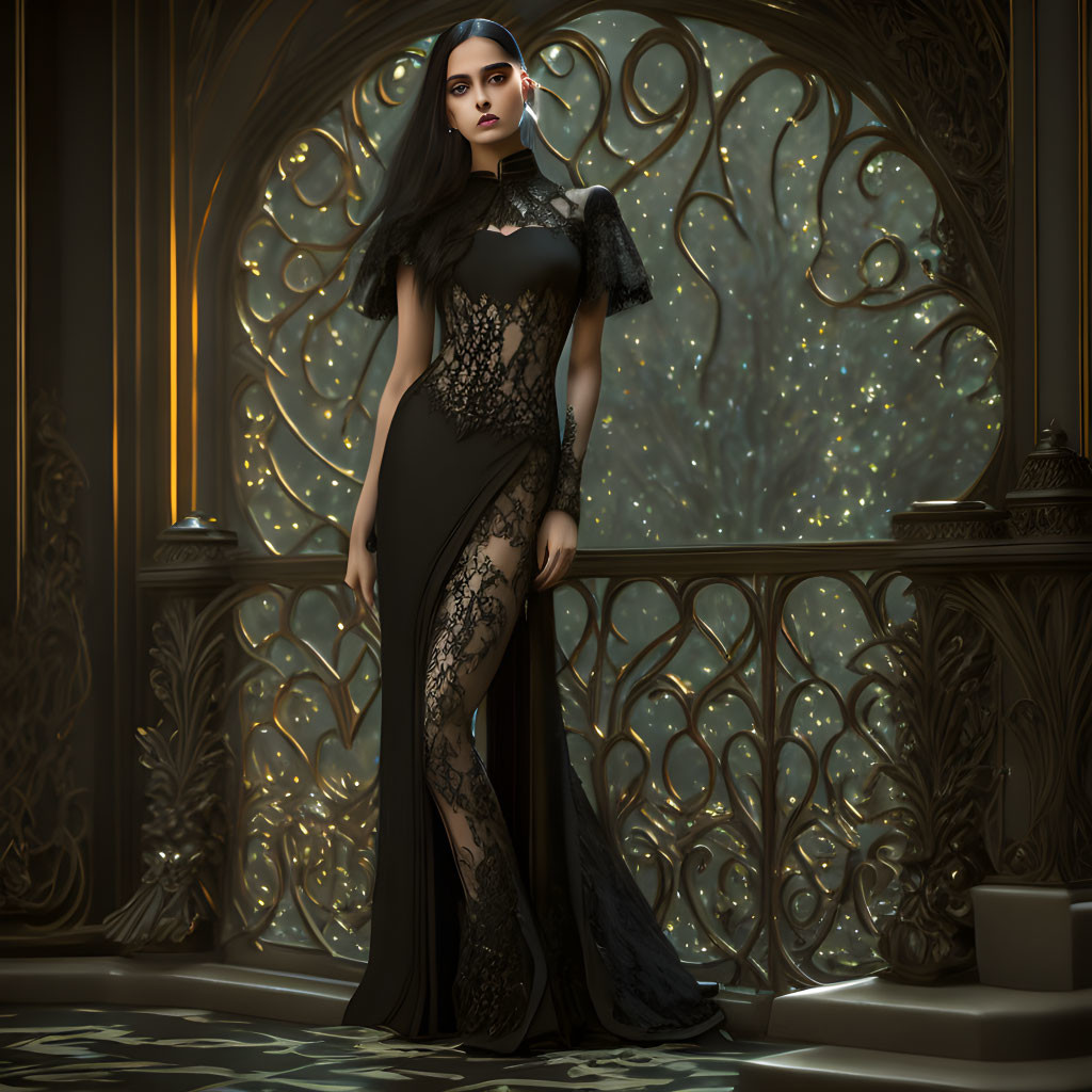 Woman in Black Lace Gown Poses by Ornate Window