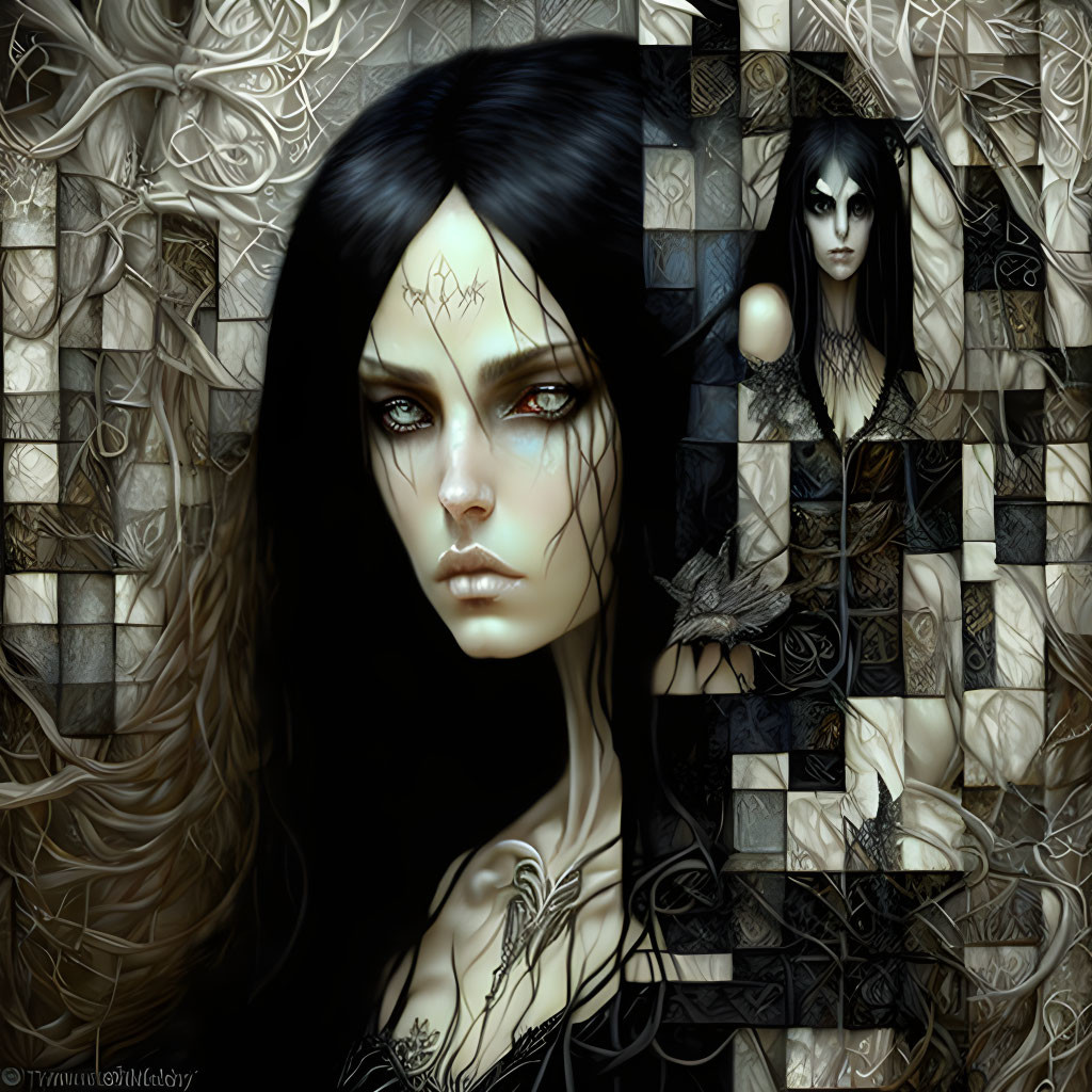 Dark-haired woman with mystical symbols in gothic digital art