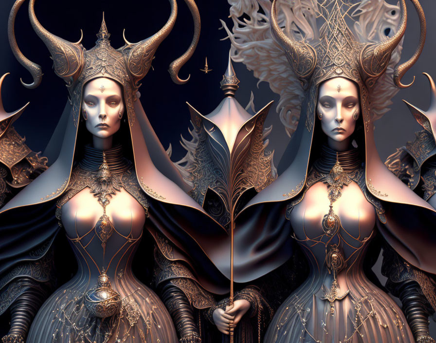 Identical fantasy female figures in ornate attire with regal aura