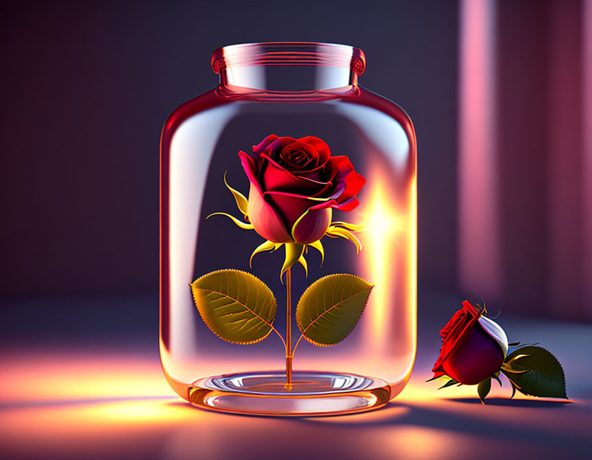 Red rose in glass jar with purple light, second rose nearby