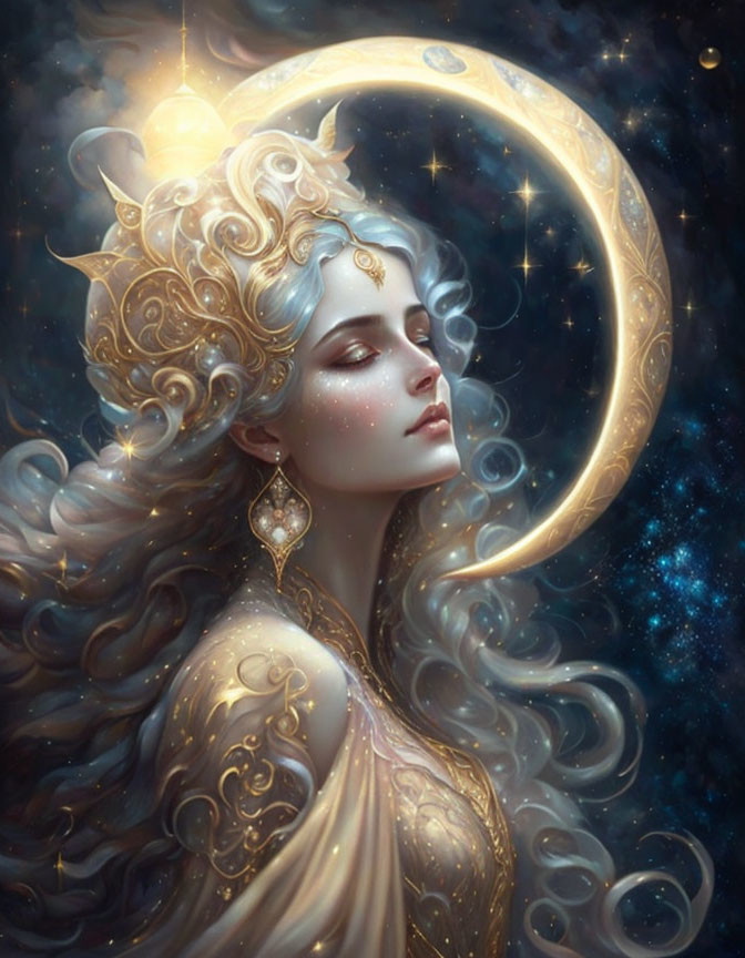 Ethereal female figure with crescent moon in starry night sky