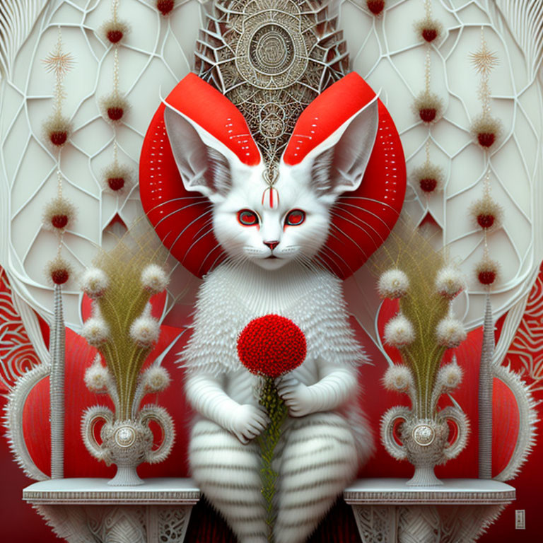 Surreal anthropomorphic white rabbit with red eyes holding a flower against ornate background