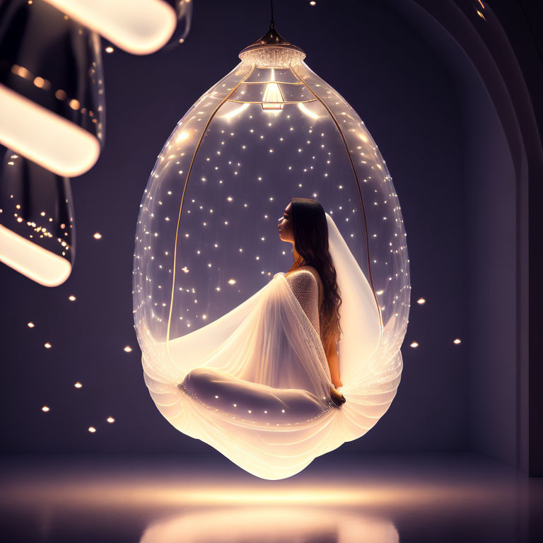 Woman sitting in glowing egg-shaped pendant light with stars - dreamlike ambiance