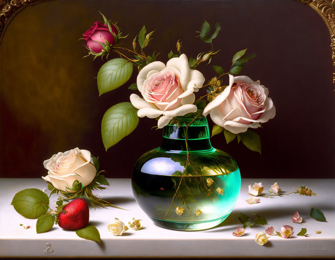 Hyper-realistic painting of green glass vase, blooming roses, scattered petals, and strawberry on ledge