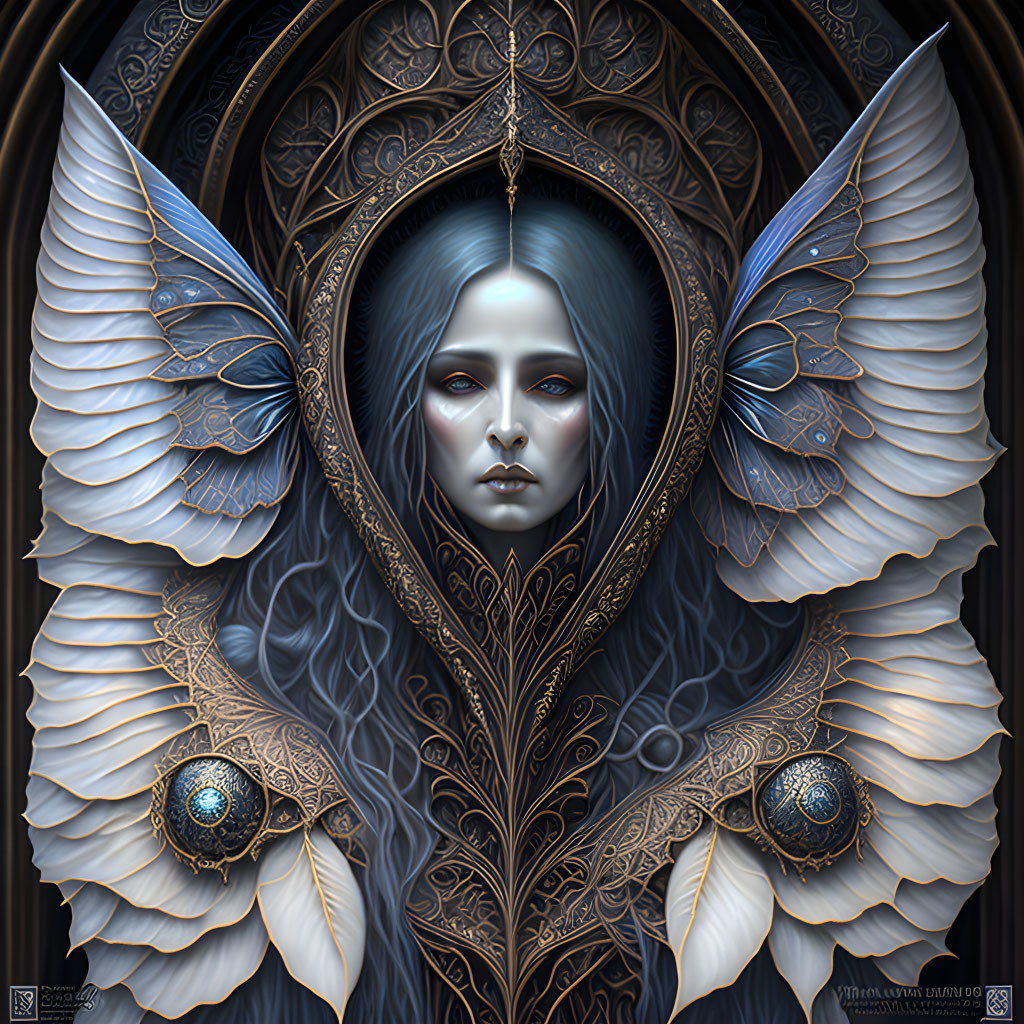 Ethereal artwork of a woman in ornate, winged armor and gothic setting