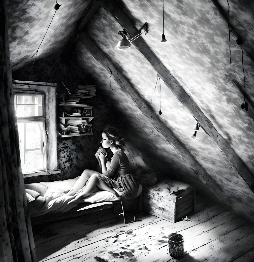 Person sitting on bed in cozy attic room with books and hanging light bulbs