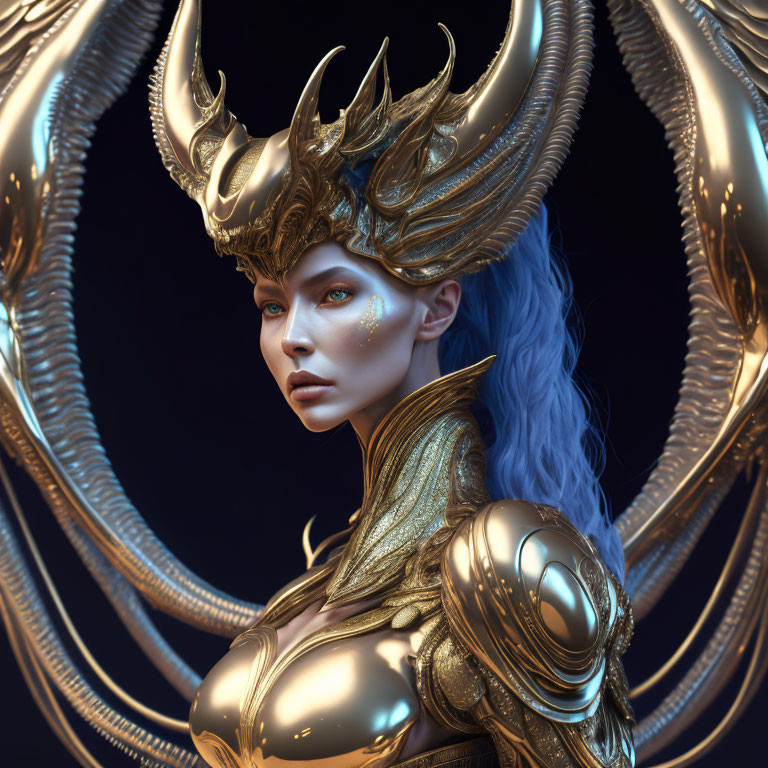 Digital artwork: Woman with blue hair, golden armor, horned helmet, glowing eyes on dark backdrop