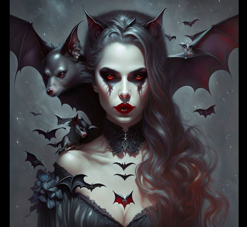 Illustration of woman with vampire traits, bats, dark makeup, red eyes, bat-like ears