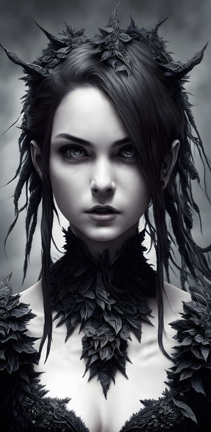 Monochromatic portrait of woman with leaf-like adornments and feathered textures