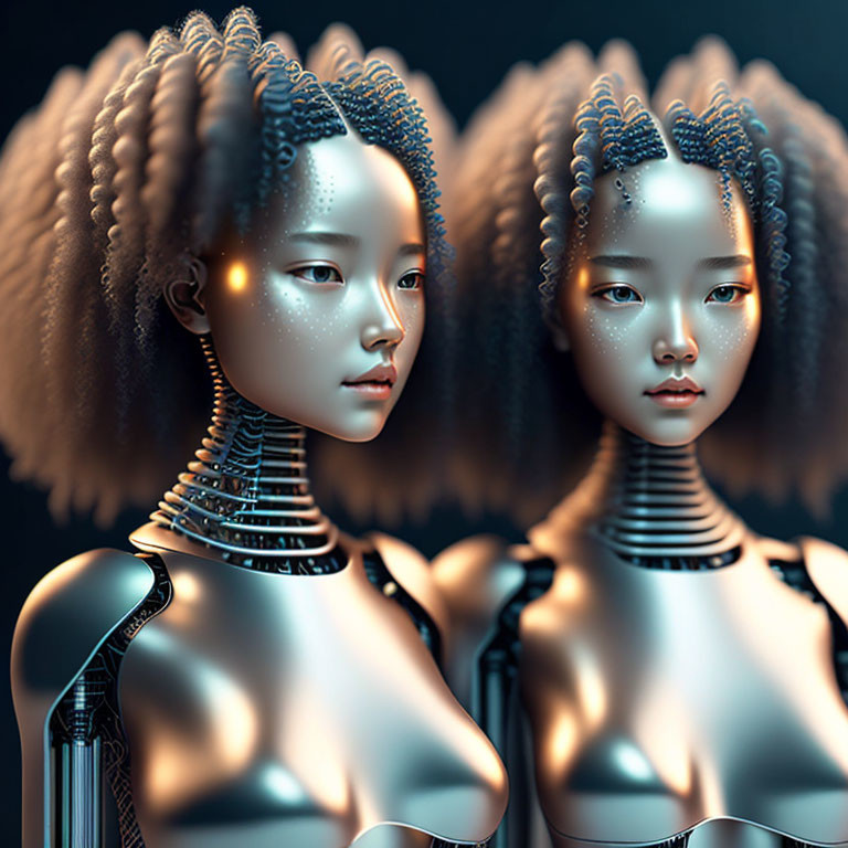 Detailed braided hair on futuristic female androids with metallic bodies and luminescent facial markings