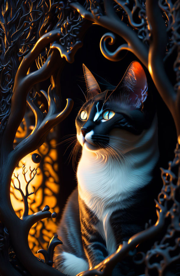 Siamese Cat in Dark Tree Branches with Glowing Light