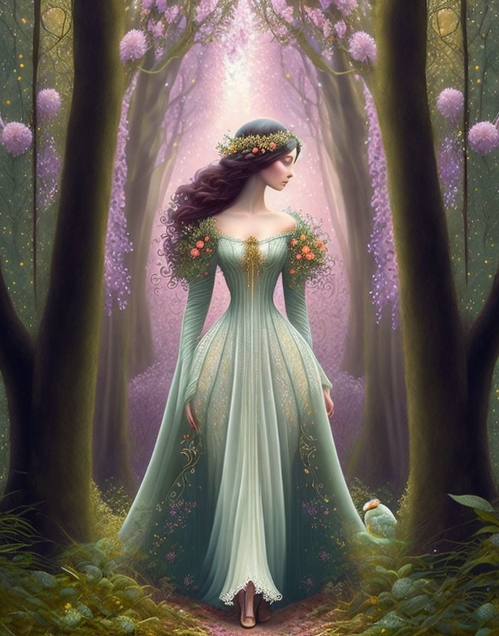 Woman in Green Medieval Gown with Floral Decorations in Mystical Forest with Small Bird