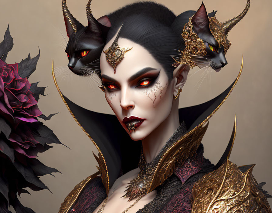 Gothic woman with cat-like features and fierce feline companions in gold accessories