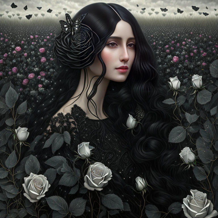 Pale-skinned woman with black hair and roses in a dreamy setting.