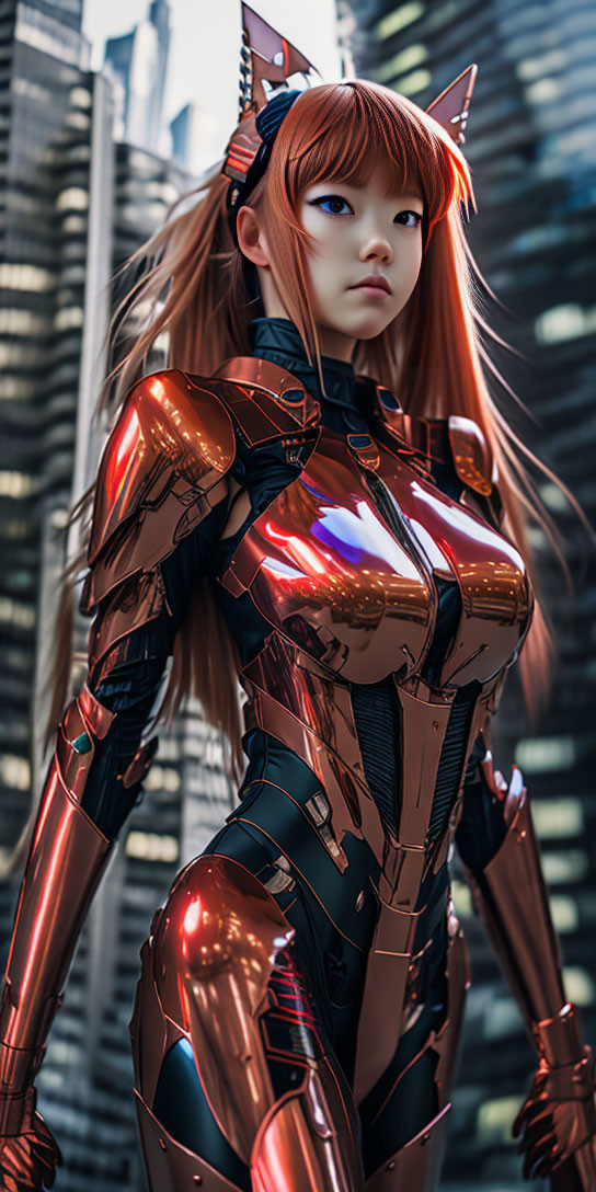 Female character with cat ears in red & black futuristic armor in urban setting