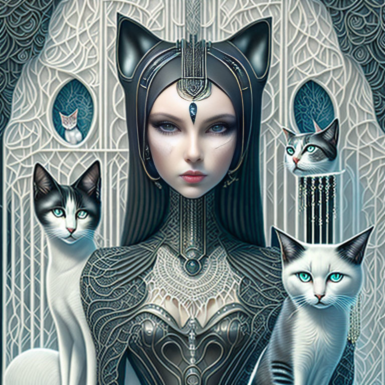 Digital artwork of woman with cat-like features and attire among stylized cats on ornate background