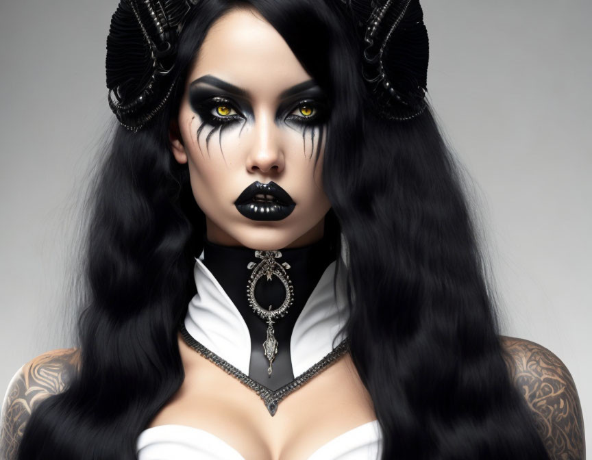 Dark Gothic Woman with Ram Horns, Choker, and Tattoos