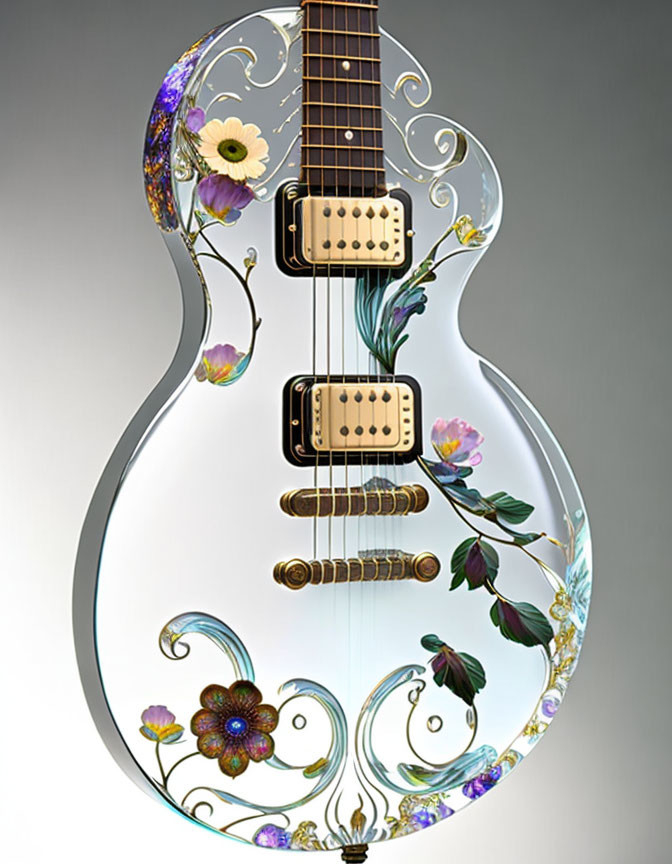 Transparent Electric Guitar with Colorful Floral Designs and Gold Accents