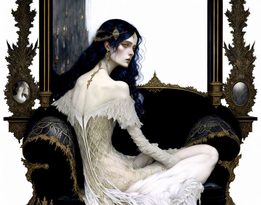 Fantasy woman with blue hair on ornate throne in light dress against starry backdrop