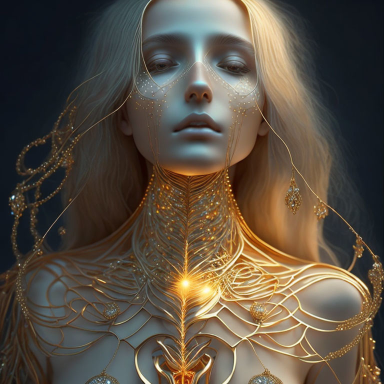 Portrait of Woman with Golden Jewelry Emitting Soft Glow