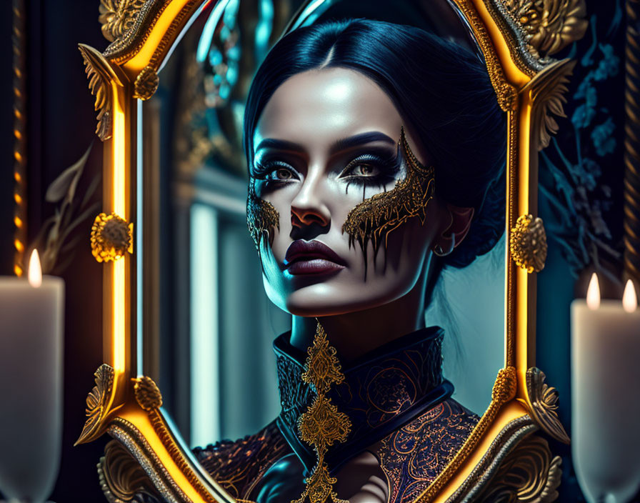 Portrait of Woman with Golden Eye Makeup, Mirror, and Candles