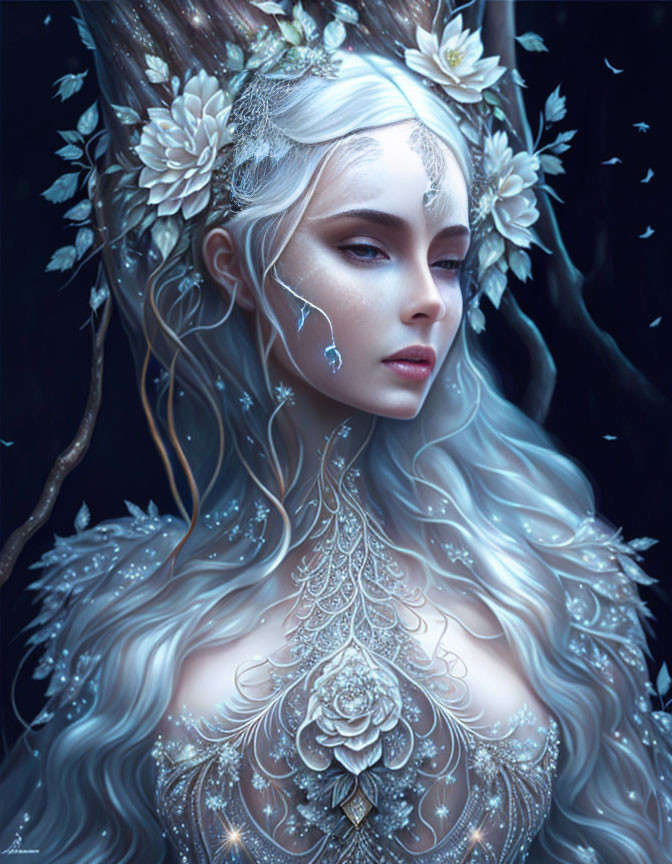 Ethereal woman with pale skin and silver floral decorations