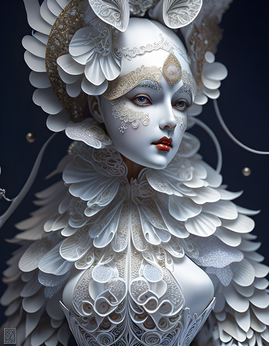 Stylized digital artwork: Female figure with white and gold adornments