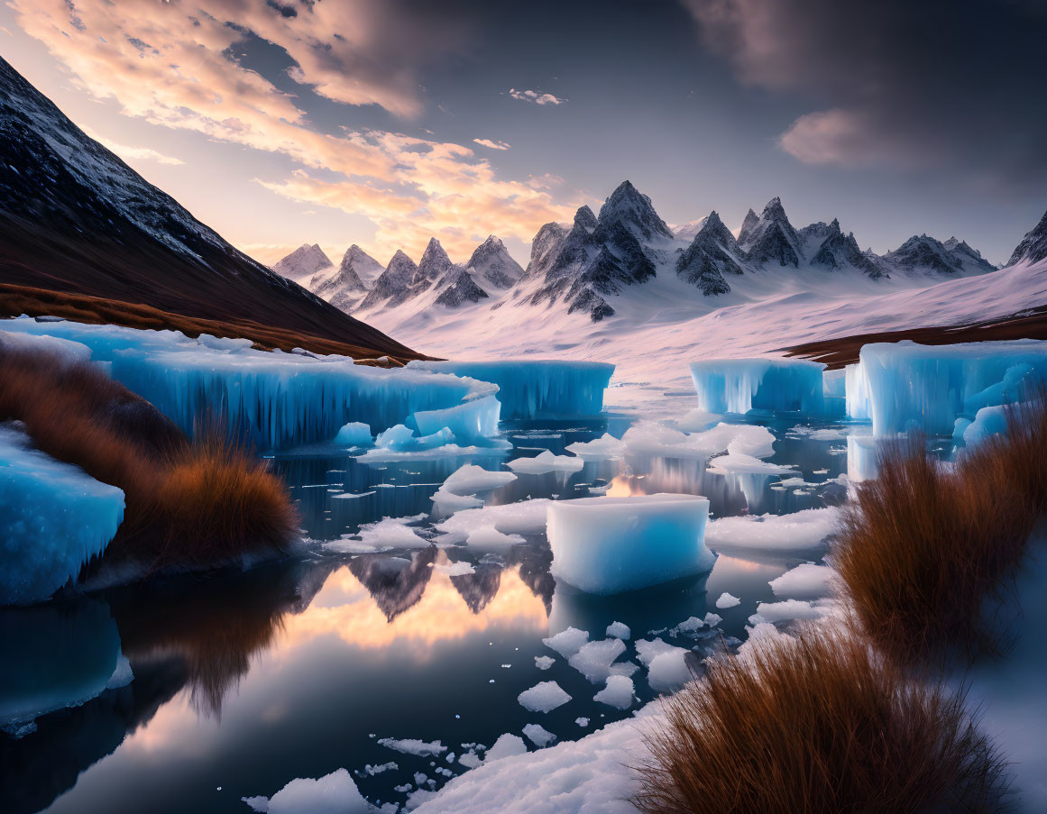 Sharp mountain peaks, calm water reflections, icebergs, and dramatic sky in serene landscape