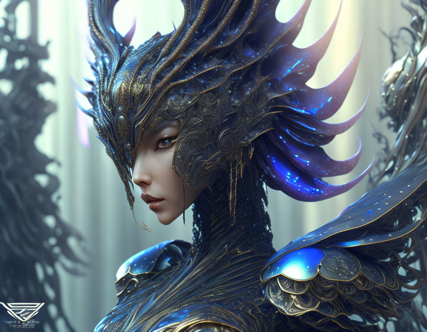 Ornate Blue-Black Feathered Armor and Elaborate Headdress Portrait