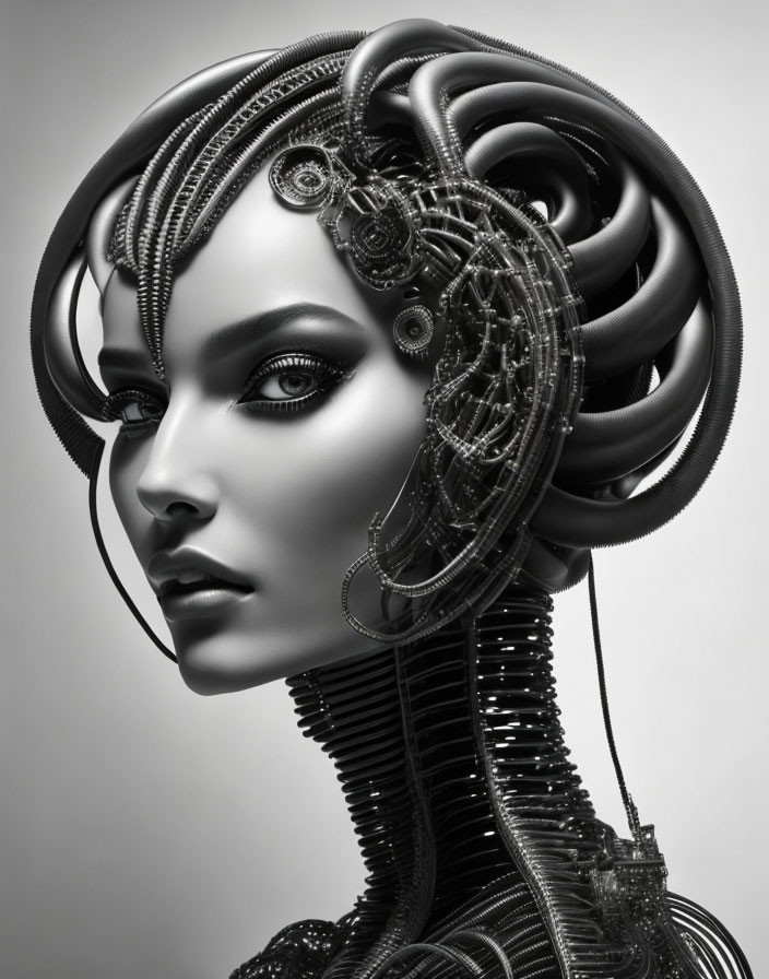 Monochrome image of female humanoid robot with intricate mechanical details and swirling designs.