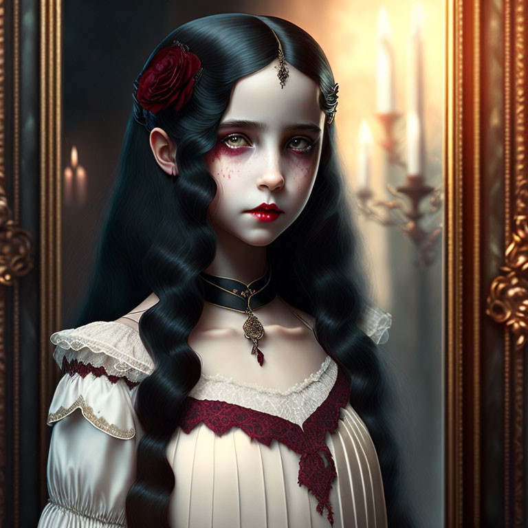 Dark-haired girl in gothic makeup, Victorian attire with rose, jeweled headpiece, and candles