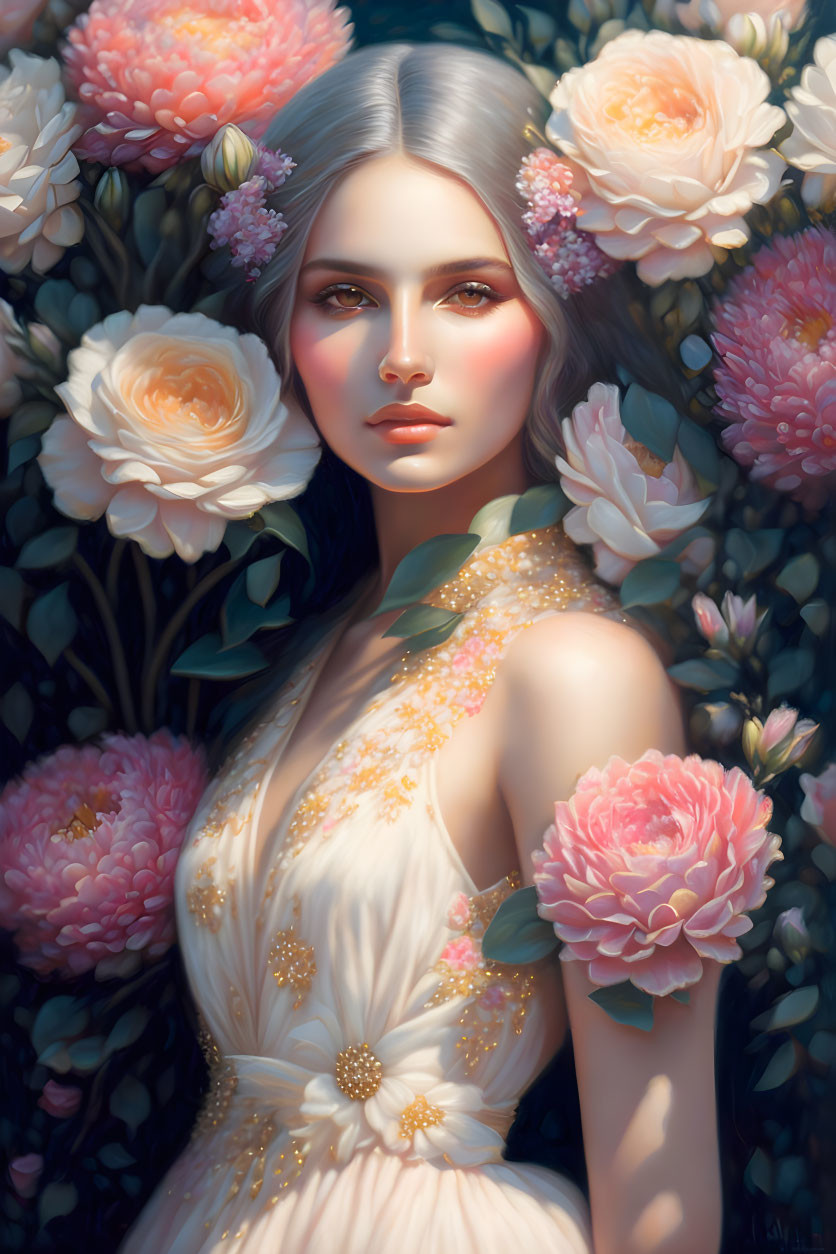 Ethereal woman in lush floral setting with delicate blush tones