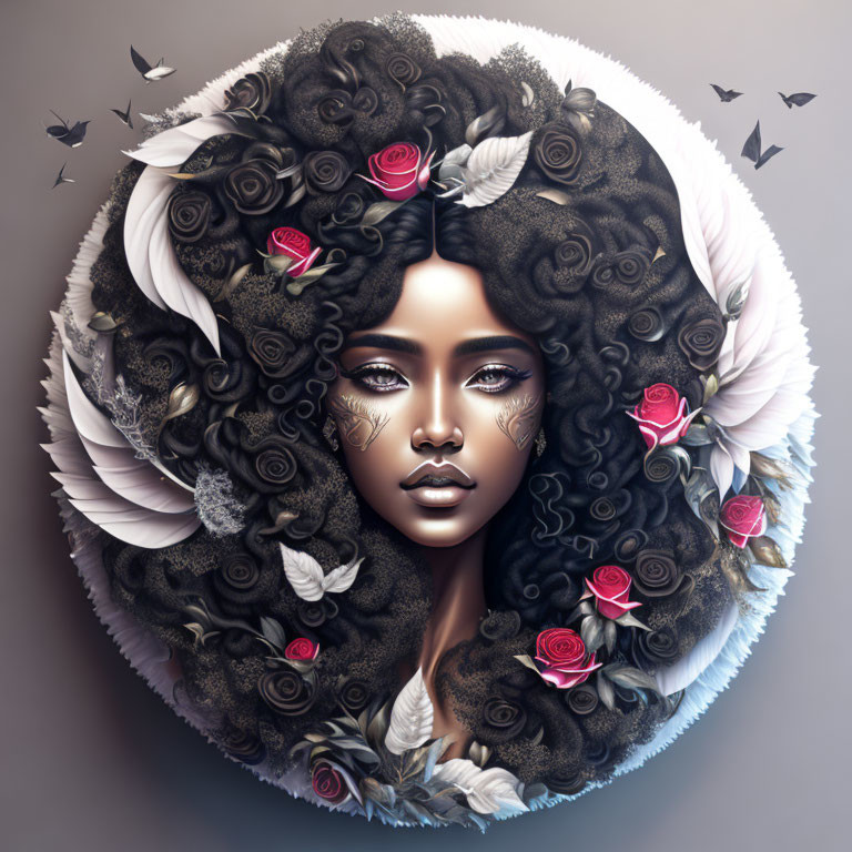 Woman with Dark Curly Hair, Roses, Feathers, Ethereal Makeup, and Butterflies