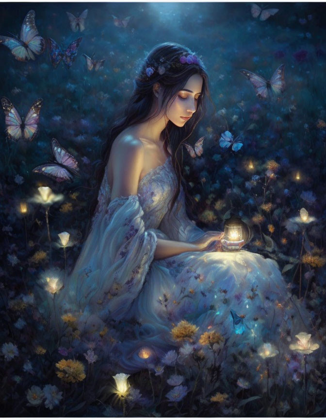 Woman in flowy dress in nighttime meadow with glowing flowers and lantern