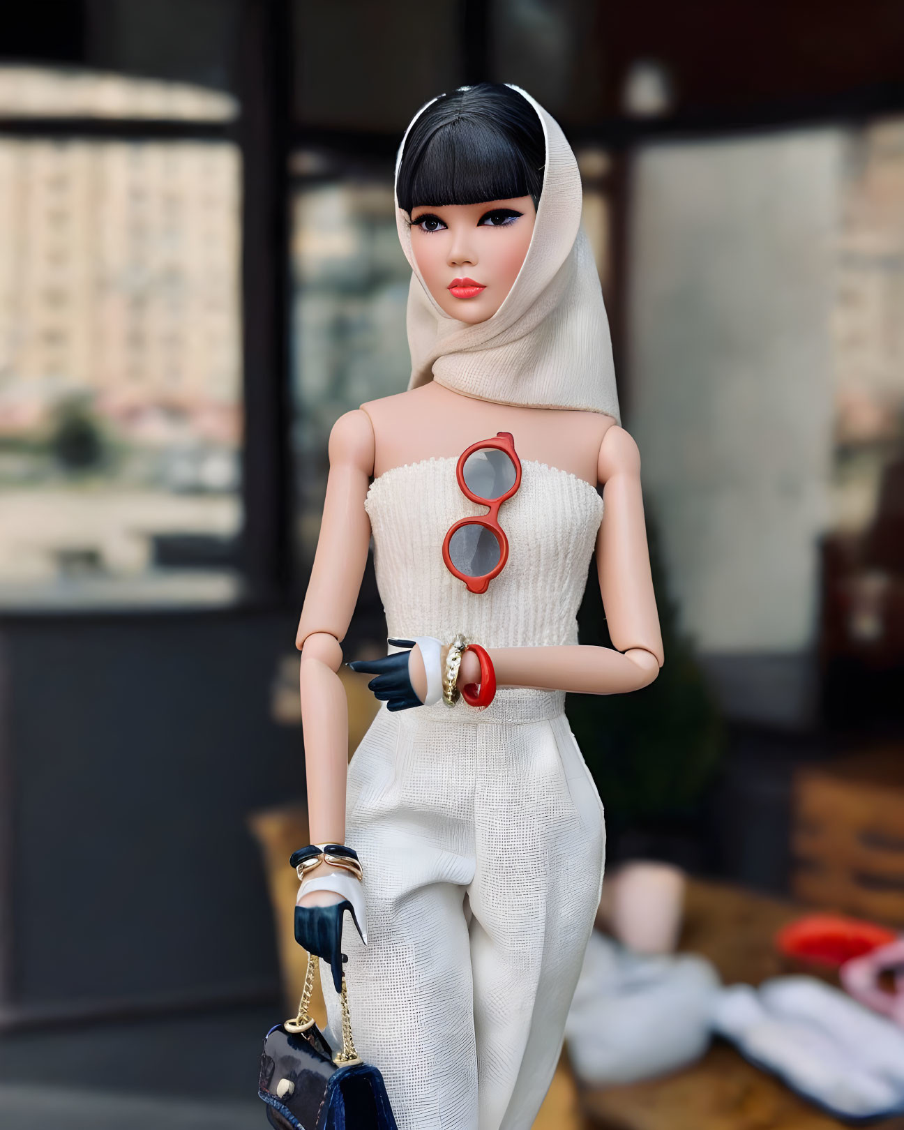 Stylish Doll in White Outfit with Red Sunglasses & Headscarf