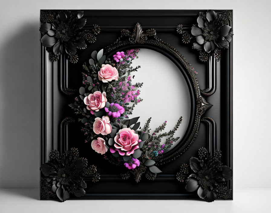 Black Picture Frame with Pink and Purple Floral Arrangement on White Background