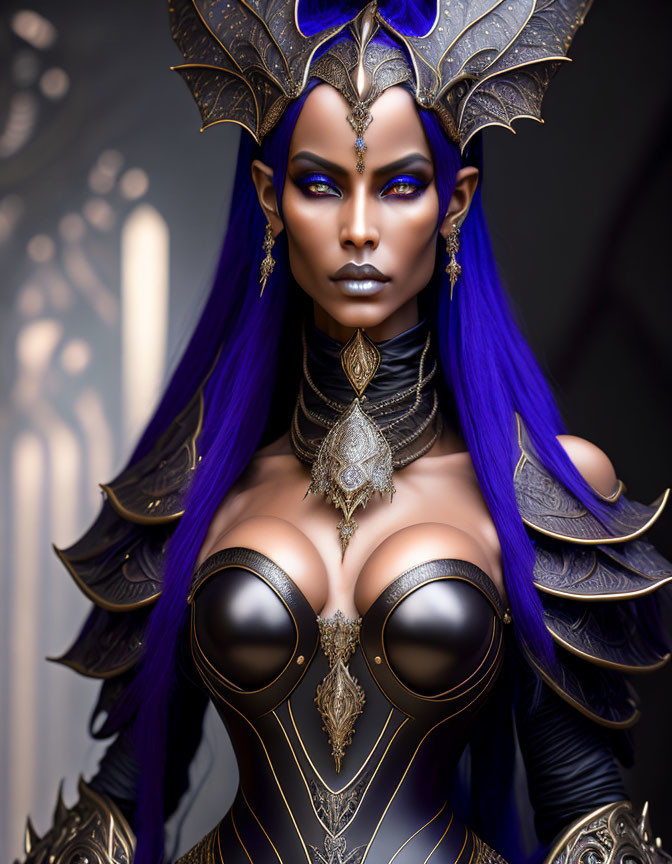 Fantasy character with purple skin, yellow eyes, blue hair, ornate black and gold armor.