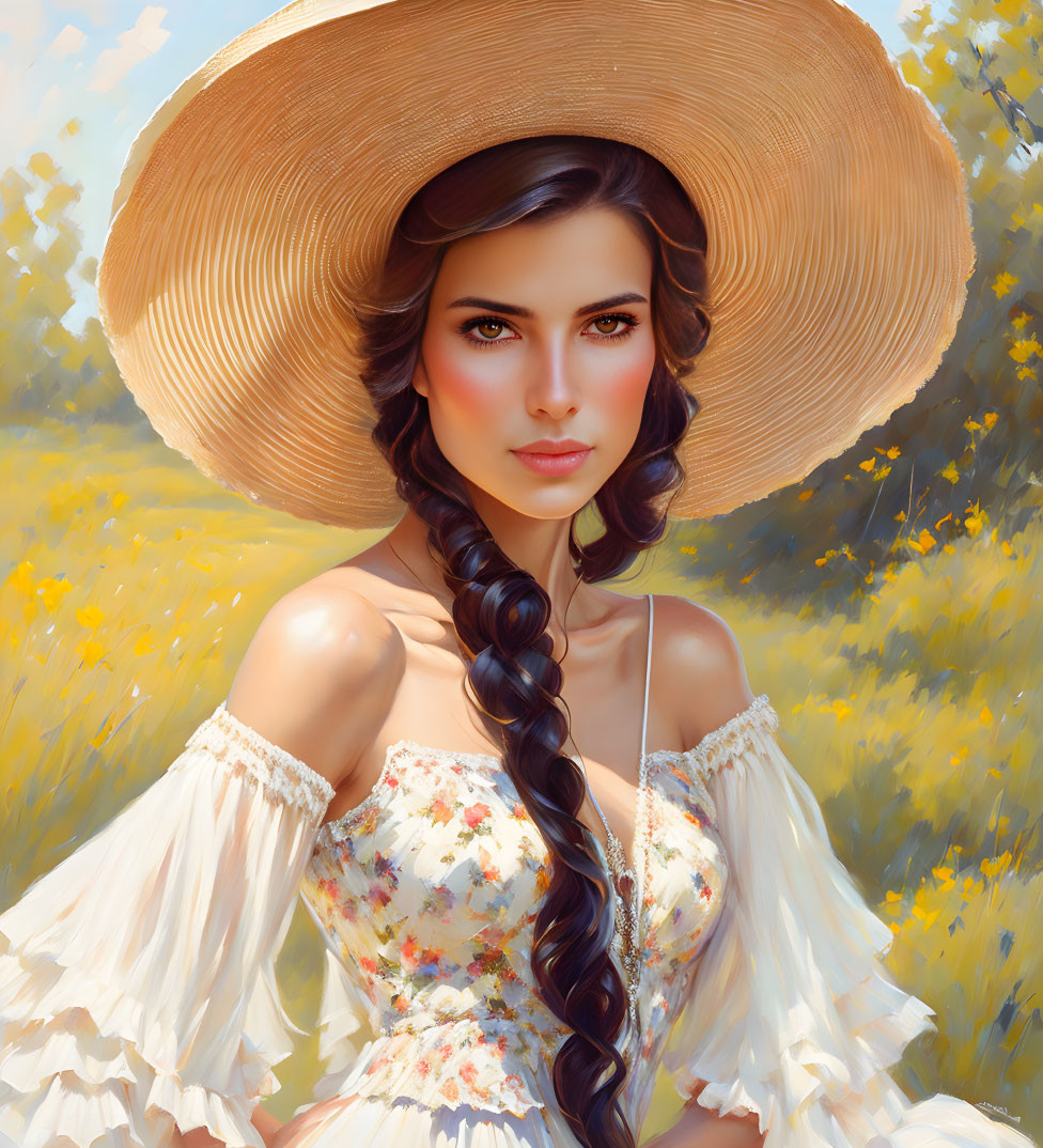 Woman with braid and wide-brimmed hat in sunny, flower-filled landscape