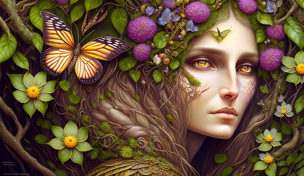 Woman portrait intertwined with greenery, flowers, and butterflies.