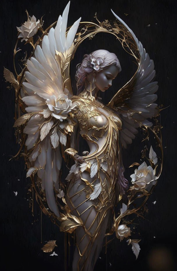 Ethereal 3D illustration of winged female in golden armor and floral details